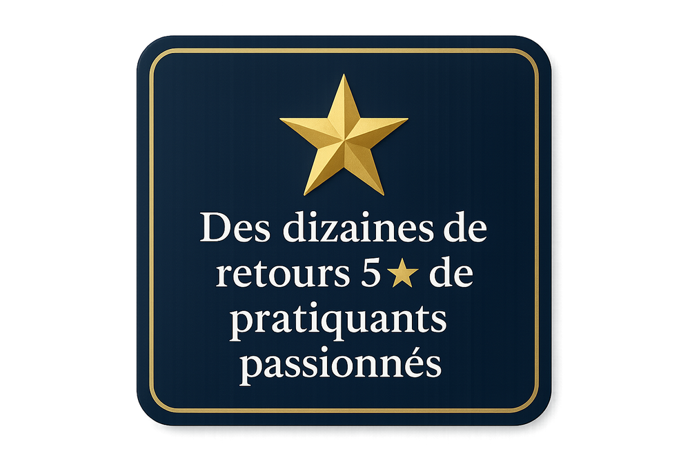 fait moi une image format carrer dans la couleur que tu veux comme un badge de confiance avec ecrit Des dizaines de retours 5★ de pratiquants passionnés → icône étoile de qualité