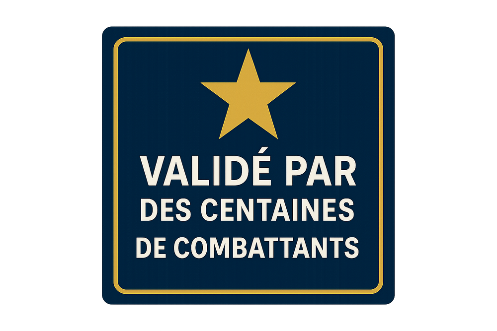 fait moi une image format carrer dans la couleur que tu veux comme un badge de confiance avec ecrit Validé par des centaines de combattants → icône étoile de qualité